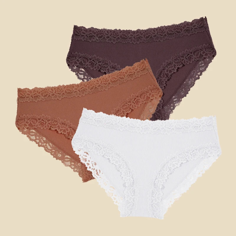 3PCS/Set Cotton Lace Underwear for Women Sexy Ribbed Floral Panties Comfortable Low-Waist Briefs Female Solid Comfort Lingerie