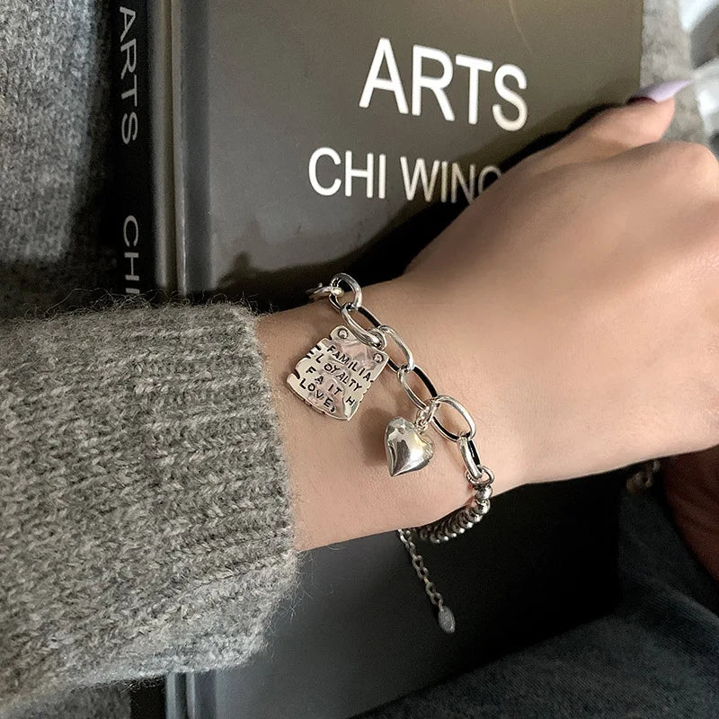 New 925 Silver Geometric Bead Punk Peace of Mind Words Irregular String Bracelet For Woman Girl Fashion Jewelry Gift Dropship