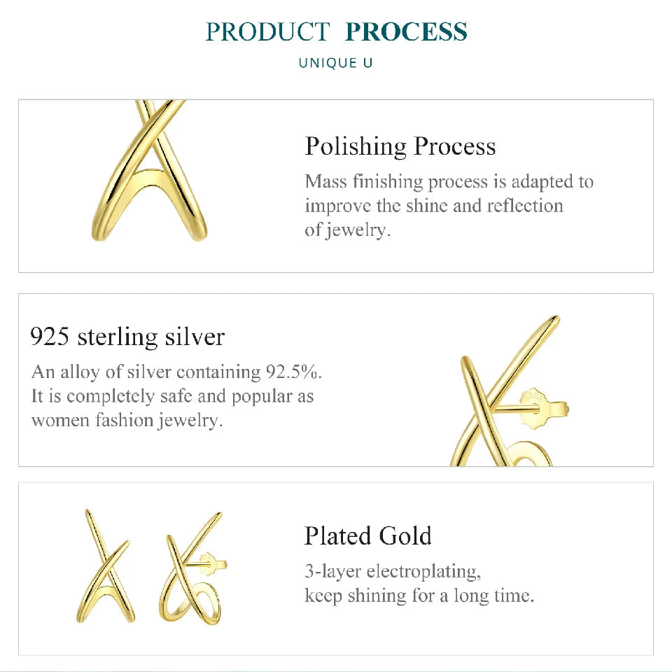 BAMOER 925 Sterling Silver X Earring Studs for Women, Gold Plated Hypoallergenic Earrings Chic Jewelry Gift for Daily Wear