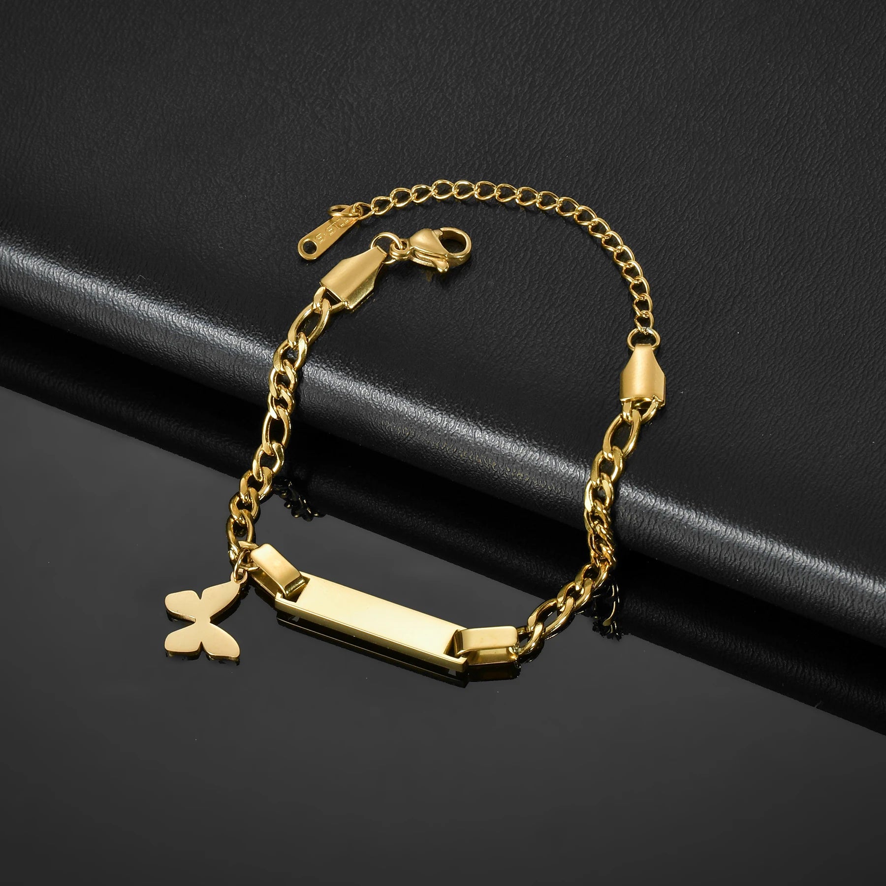 Akizoom Punk Newborn Baby Bracelets Hip Pop Gold Color Stainless Steel Figaro Chain Blank Bar Kids Bangle  Jewelry Birthday Gift