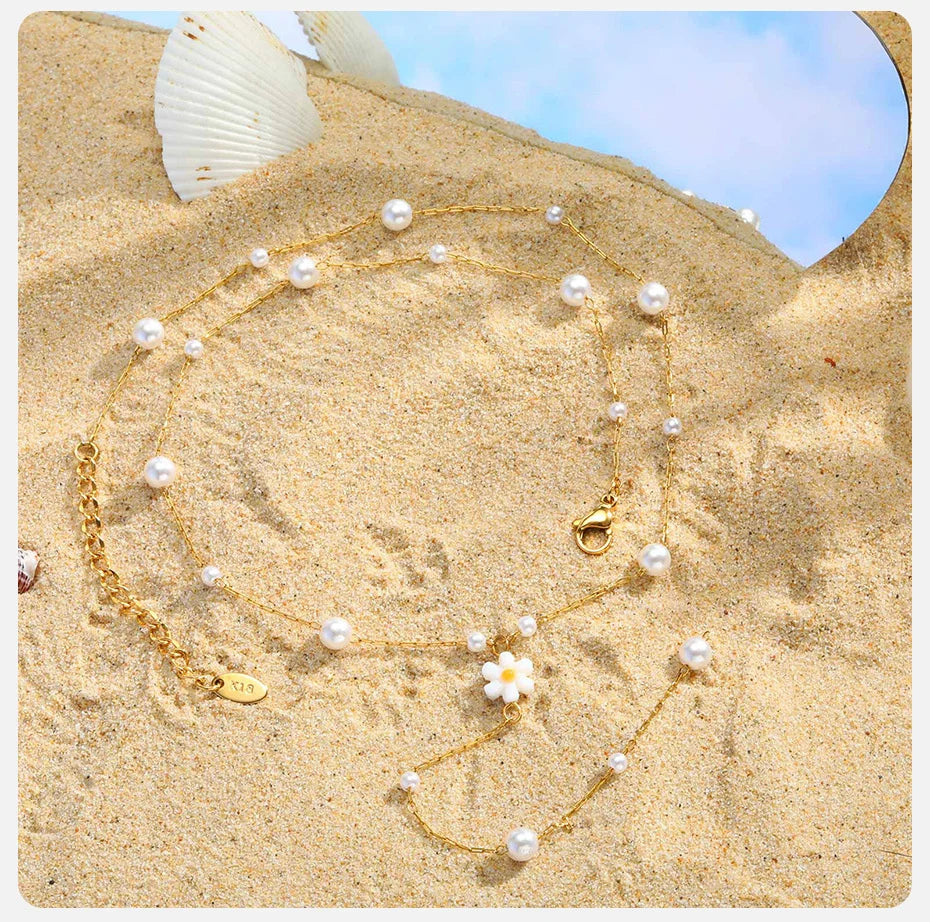 Vnox Flower Pearls Long Chain Drop Necklace For Women, Stainless Steel Waterproof Layered Jewelry, Light Luxury Collarbone Chain