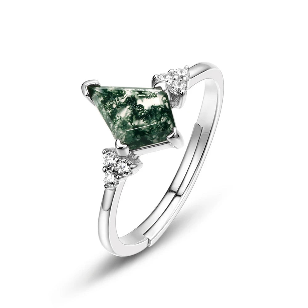 WES 925 Sterling Silver Open Ring for Woman Classic Unique Green Moss Agate Crystal Ring Engagement Gift Wholesale Oval Cut