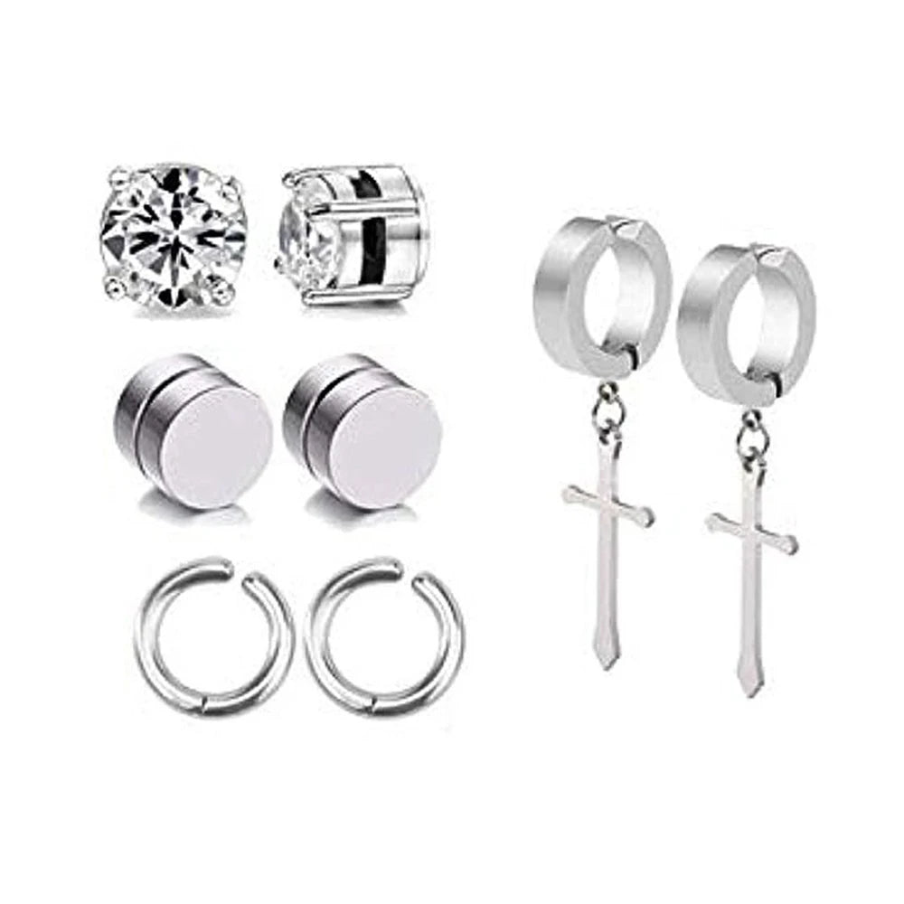 4 Pairs Simple Stainless Steel Magnetic Stud Earrings For Men, Cross Pendant Ear Clips, Cool Non Pierced Earrings
