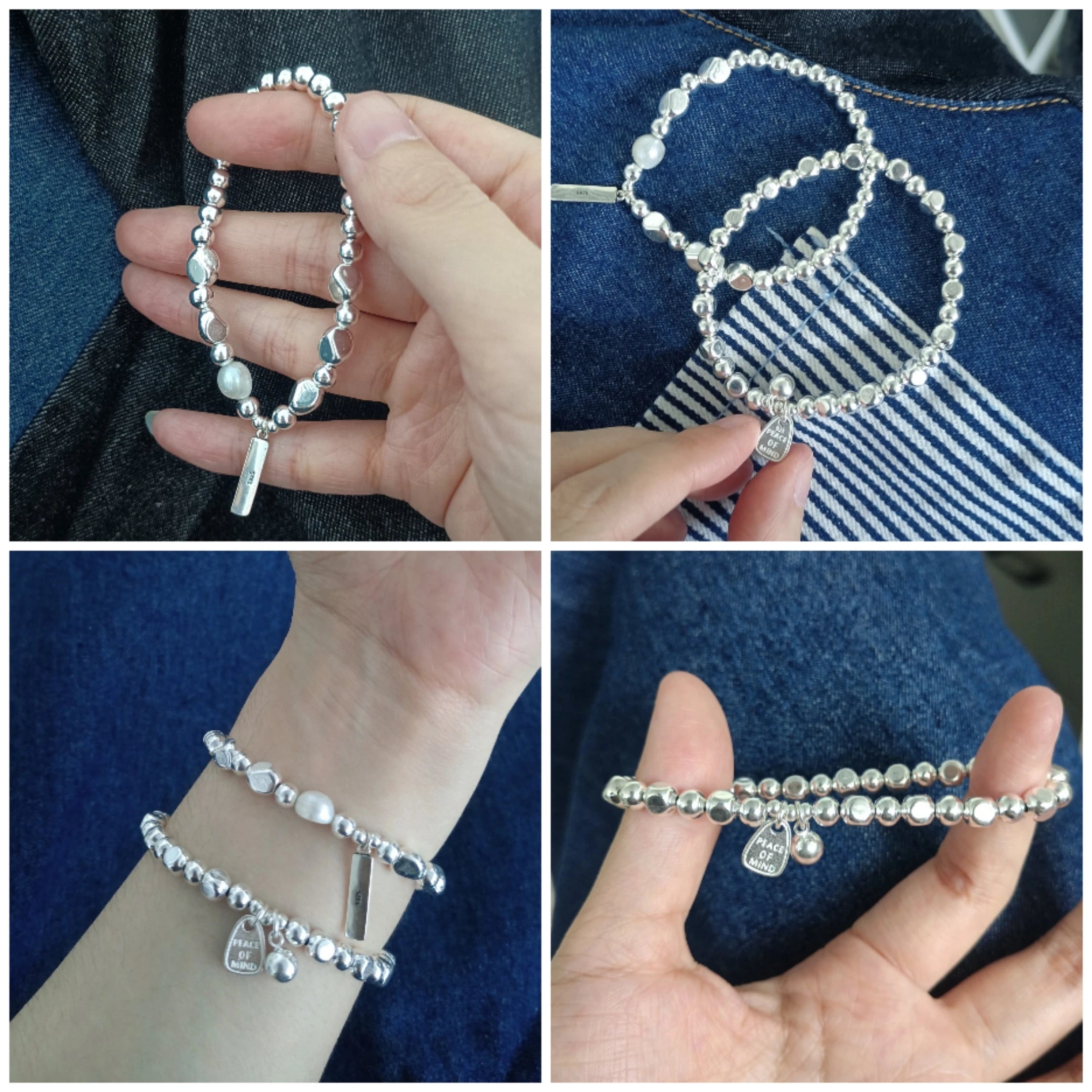 New 925 Silver Geometric Bead Punk Peace of Mind Words Irregular String Bracelet For Woman Girl Fashion Jewelry Gift Dropship