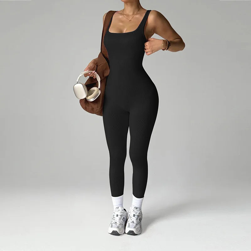 Outdoor quick-drying yoga wear for sports, women's yoga cycling, running and fitness set, solid-color yoga jumpsuit