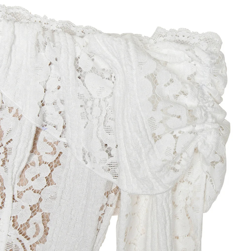 Suninheart Wedding Guest Dress - Off Shoulder Lace Flare Sleeve Maxi