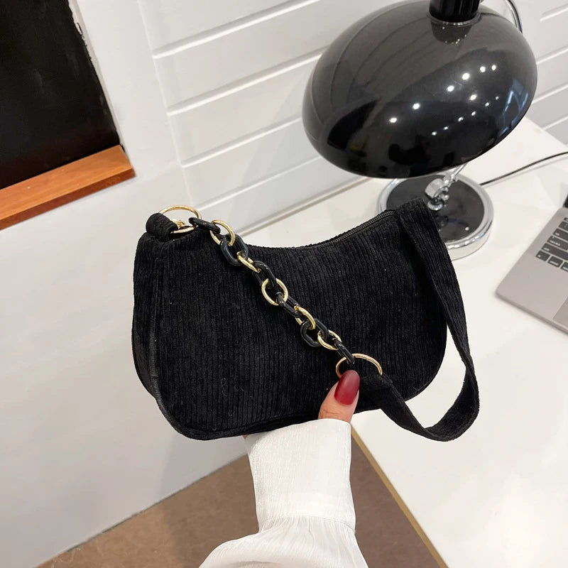 1pc Fashion Vintage Women Handbags Corduroy Underarm Bag Casual Women Shoulder Bags Solid Color Zipper Female Handbag Clutch