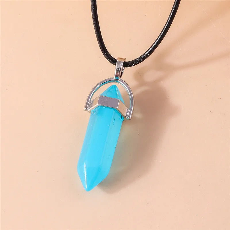 Natural Stone Quartz Lapis Opal Amethyst Pink Crystal Stone Hexagonal Column Pendant Necklaces Leather Chain Bullet Necklace