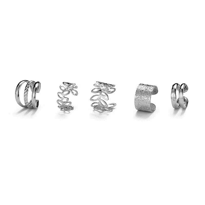 KOTiK 2024 New Gold Silver Color Leaves Clip Earrings for Women Fashion Ear Cuff Non-Piercing Earrings Set Trend Jewelry Gift