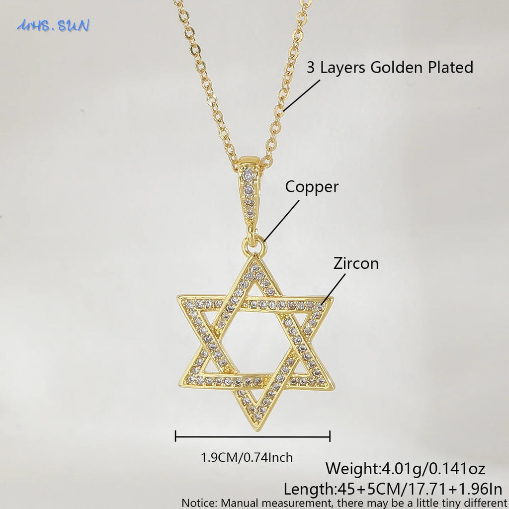 MHS.SUN Luxury Star of David Necklaces for Women Men Fashion Hollow Hexagonal Star Pendant Chain Necklace Judaica Jewish Jewelry
