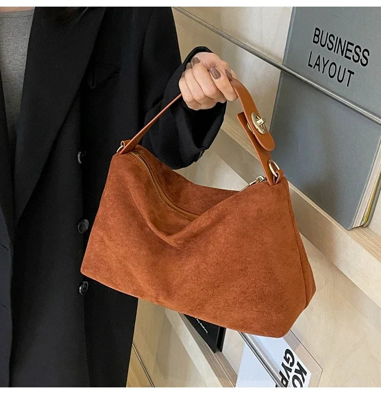 New Solid Color PU Zipper Women's Bag Suede Large Capacity Women's Shoulder Bag Fashion Versatile Casual Dual Purpose Handbag