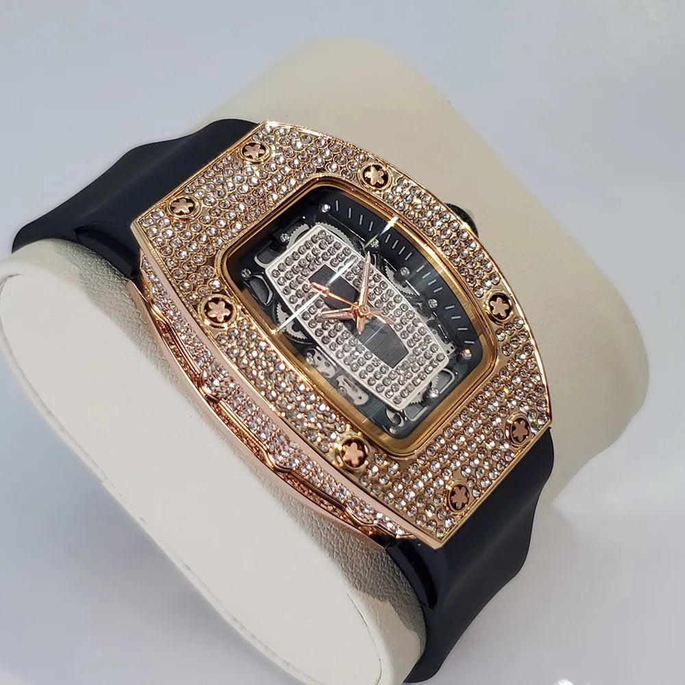 Luxury Diamond Watch For Women Elegant Tonneau Original Design Watches Fashion Ice Out Sport Rubber Strap Waterproof Mille Clock