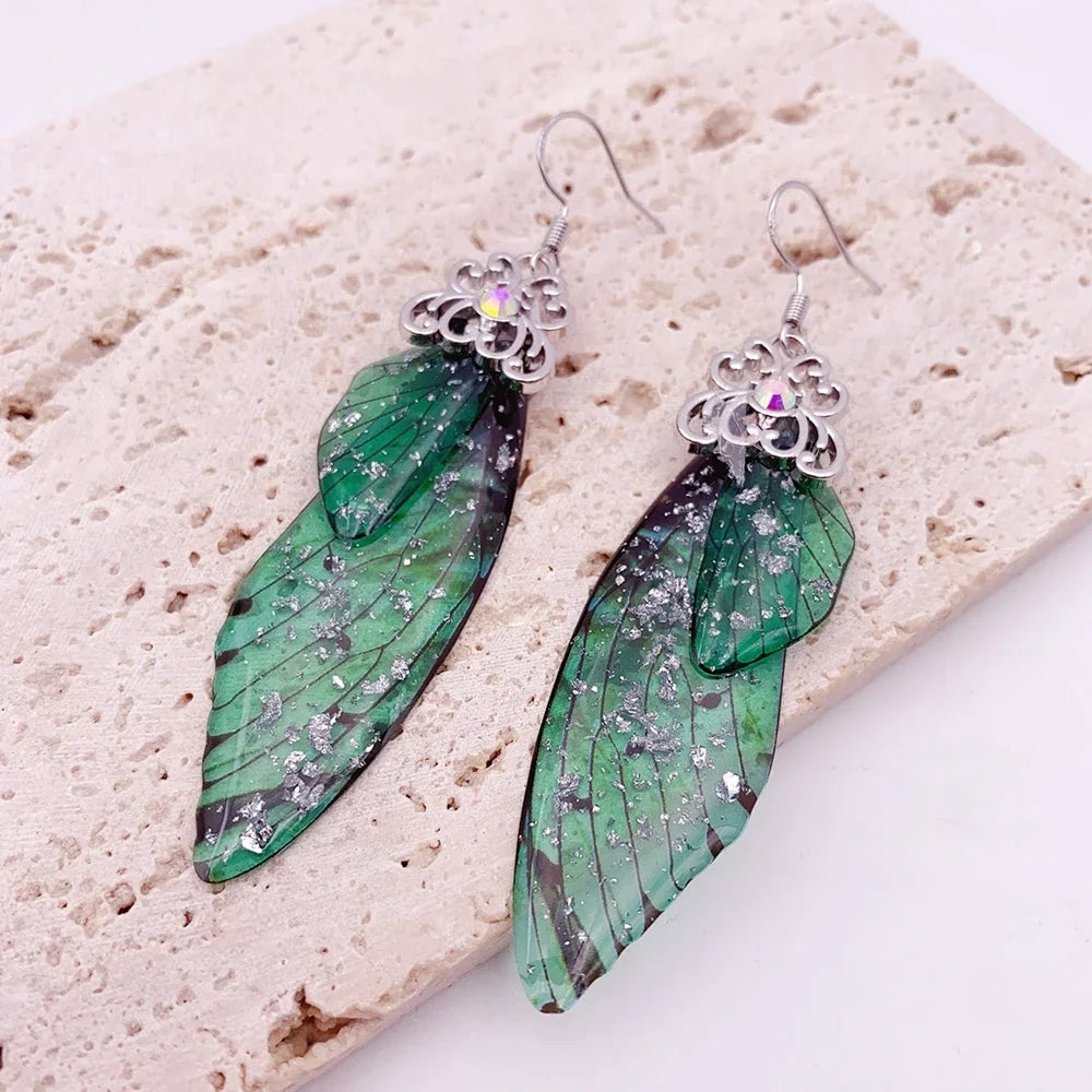 Handmade Fairy Simulation Wing Earrings Insect Butterfly Wing Drop Earrings Foil Rhinestone Earrings Romantic Bridal Jewelry