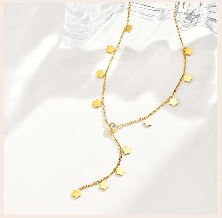 Flower Drop Necklace - Stainless Steel Y Shape Layered Floral Jewelry