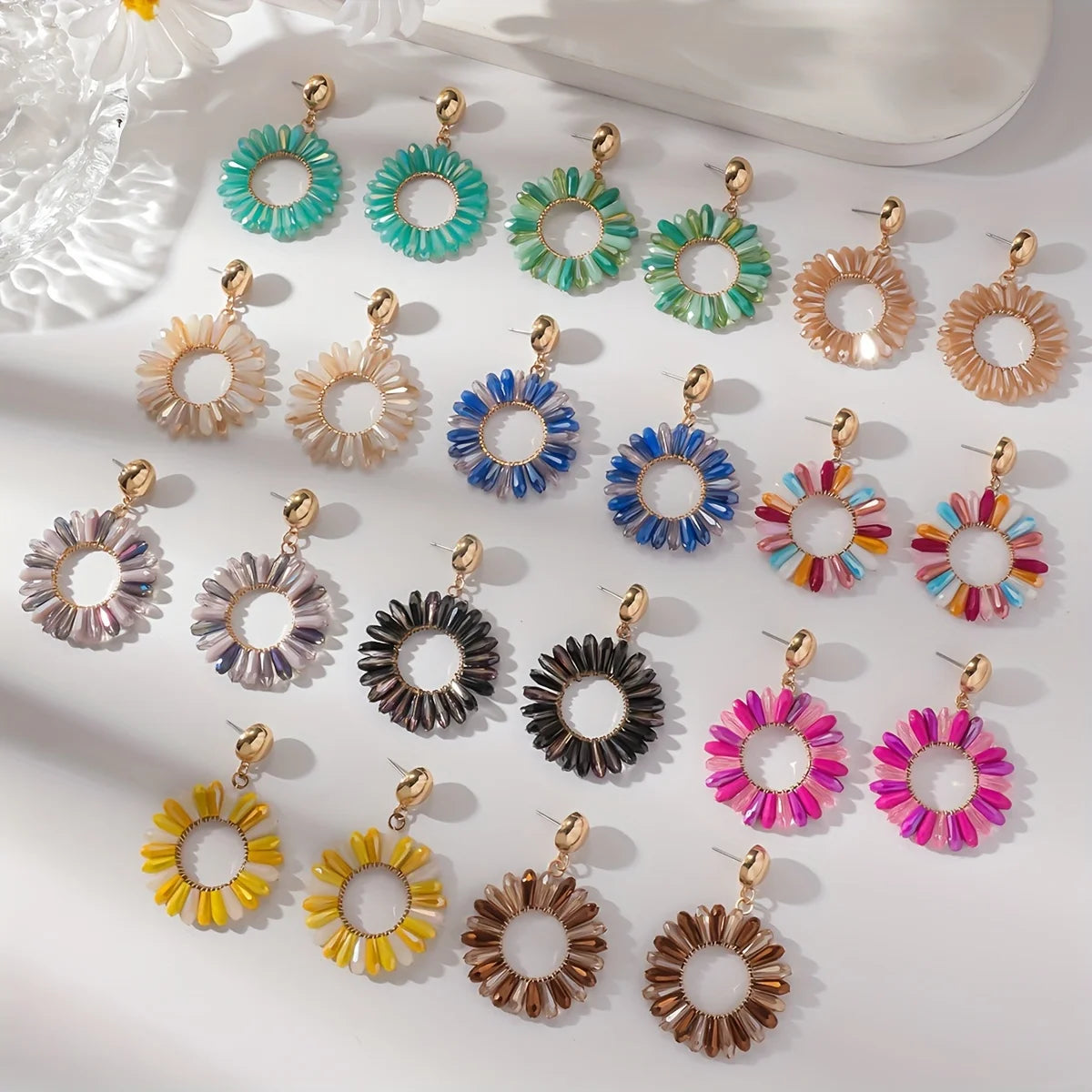 1 Pair of Bohemian Dangle Earrings Hollow Flower Design Set with Rhinestones Multicolor, with Everyday Outfit Party Accessories