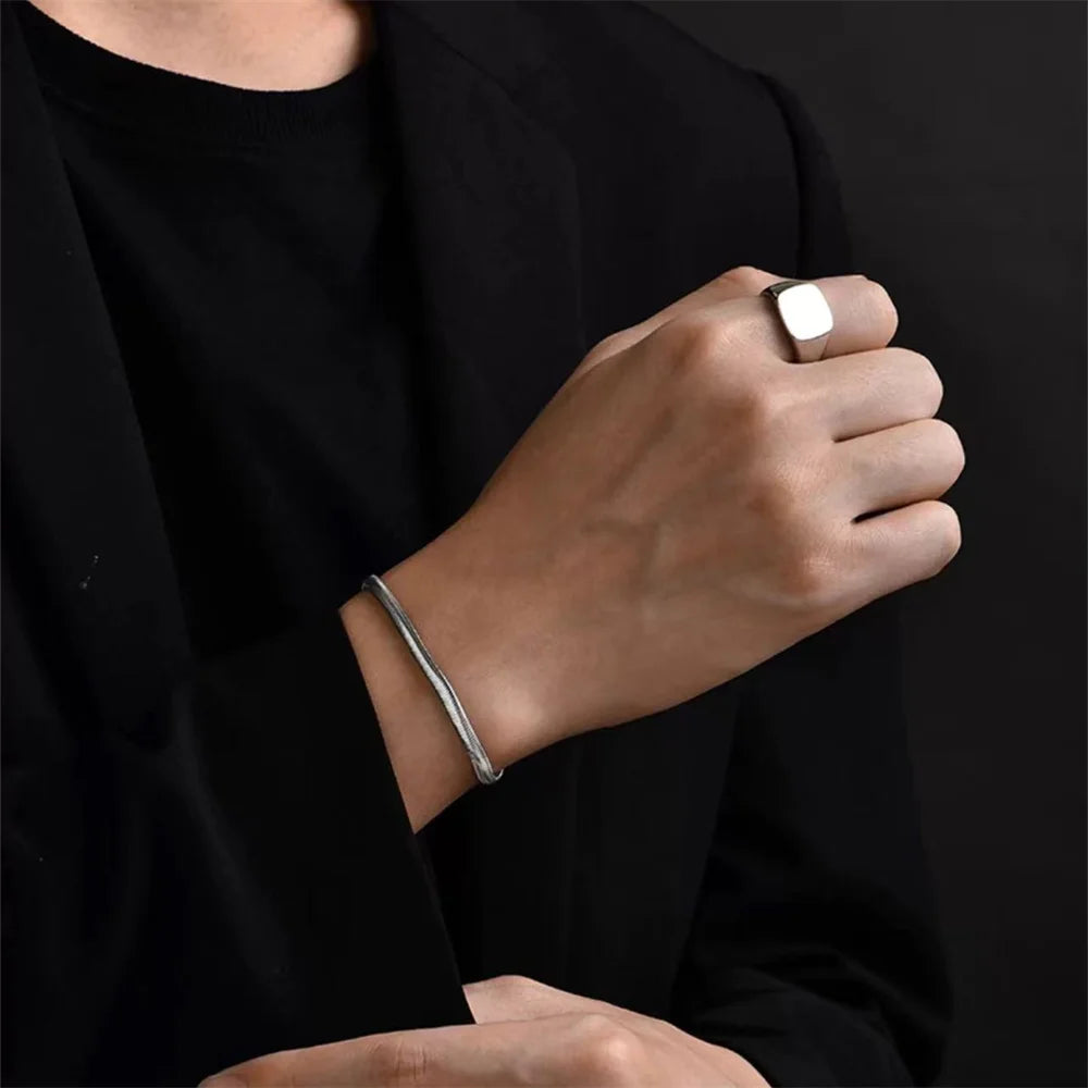 Silver Color Stainless Steel Flat Snake Chain Bracelet Hip Hop Simple Men Bracelet Fashion Jewelry Bracelet For Women