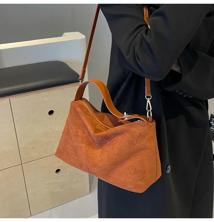 New Solid Color PU Zipper Women's Bag Suede Large Capacity Women's Shoulder Bag Fashion Versatile Casual Dual Purpose Handbag