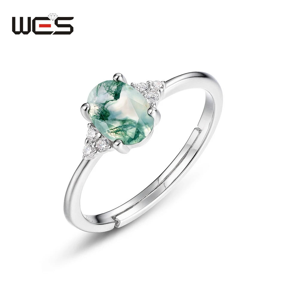 WES 925 Sterling Silver Open Ring for Woman Classic Unique Green Moss Agate Crystal Ring Engagement Gift Wholesale Oval Cut