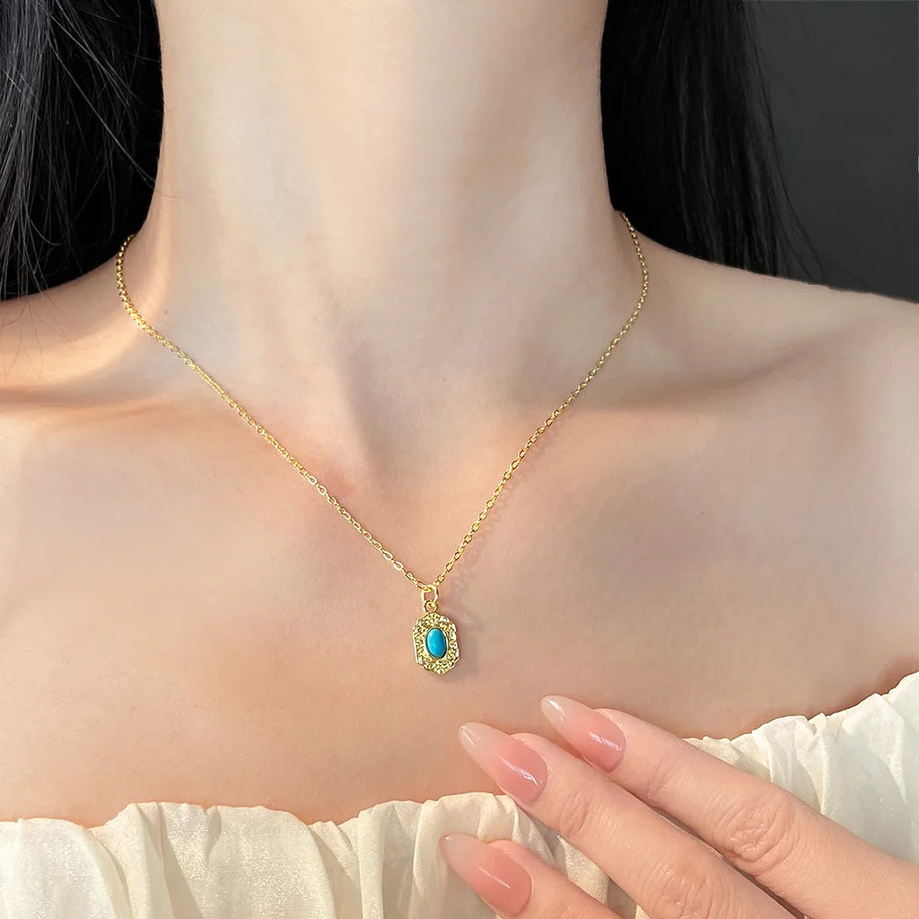 Retro commute women's neck chain geometric shape Necklace Electroplating 18k Jewelry on the neck turquoise stone Women's jewelr