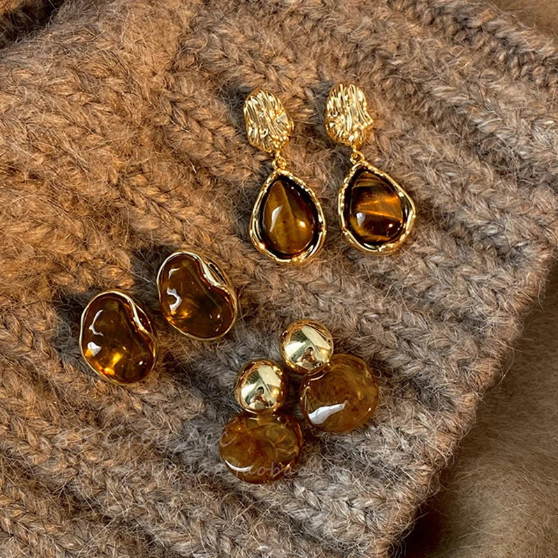 New Brown Resin Tiger Eye Stone Dangle Earrings for Women Fashion Silver Needle Earring Personality Melard Color Jewelry