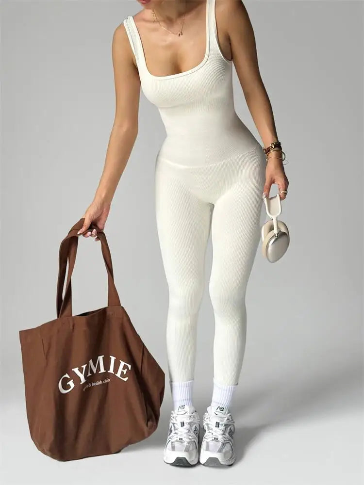 Outdoor quick-drying yoga wear for sports, women's yoga cycling, running and fitness set, solid-color yoga jumpsuit