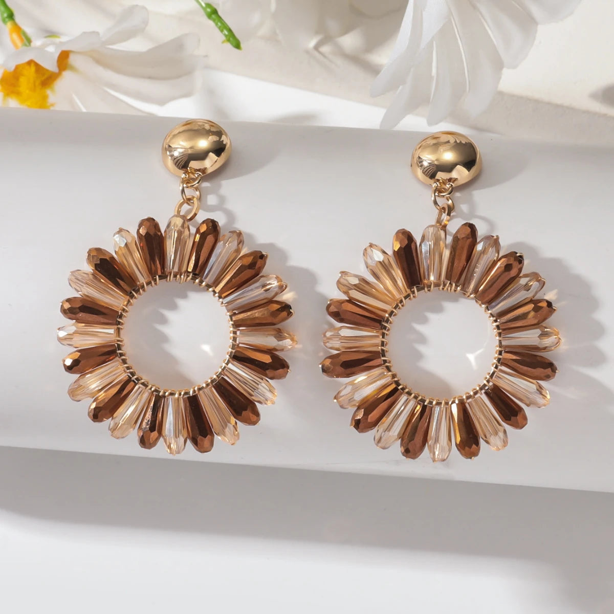 1 Pair of Bohemian Dangle Earrings Hollow Flower Design Set with Rhinestones Multicolor, with Everyday Outfit Party Accessories