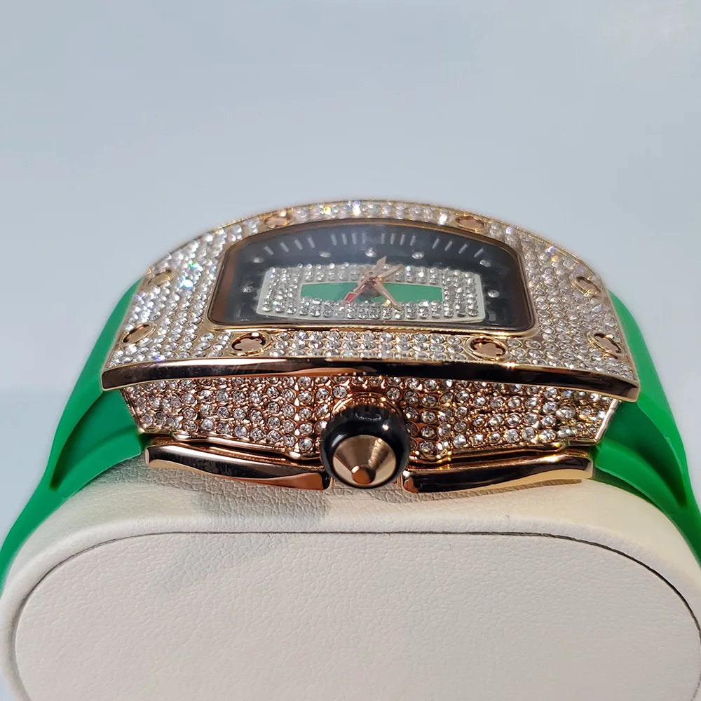 Luxury Diamond Watch For Women Elegant Tonneau Original Design Watches Fashion Ice Out Sport Rubber Strap Waterproof Mille Clock