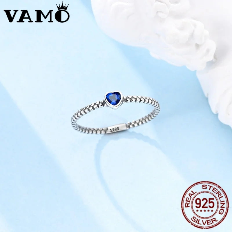 VAMO Original 925 Sterling Silver Woman Ring Vintage Dew Pearl Blue Heart Rings Sparkling Wedding Ring Girls Jewelry Anniversary