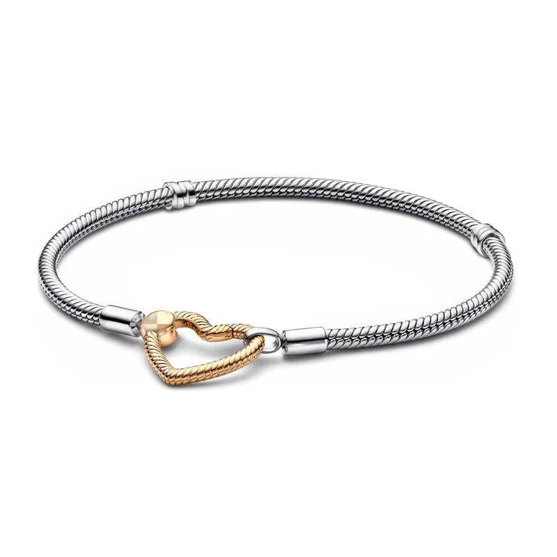 Original 925 Silver Plated Moments Bracelets RoseGold Golden Love Heart Clasp Bead Charm Bracelet For Women DIY Jewelry Gifts