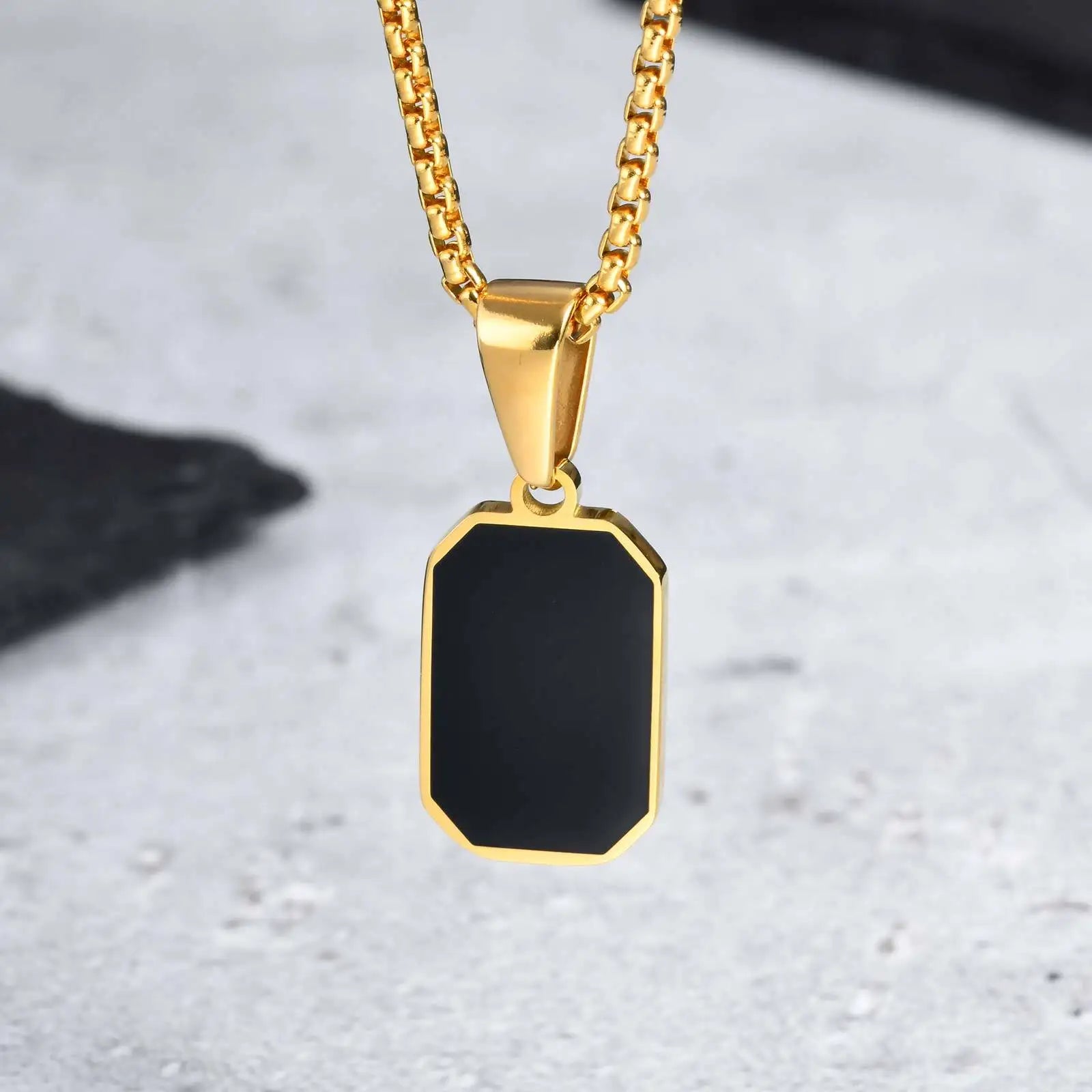 Casual Mens Geometric Square Necklaces,Black Enamel Rectangle Pendant with Rope Box Long Chain Collar,Stylish Jewelry Gifts