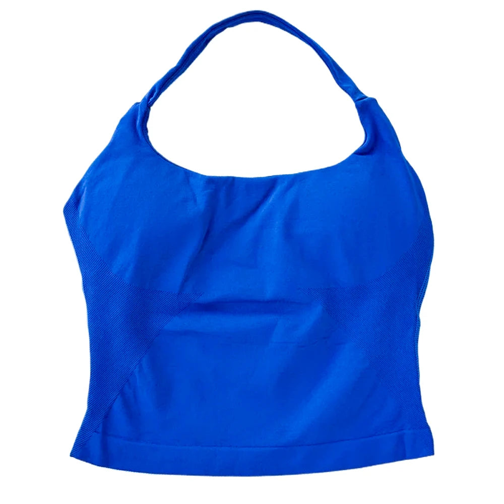 Gym Top Women Clothes Strappy Workout Tank Top Padded Sports Bra Backless Yoga Shirts Seamless Gym Crop Top Halter Fitness Vest