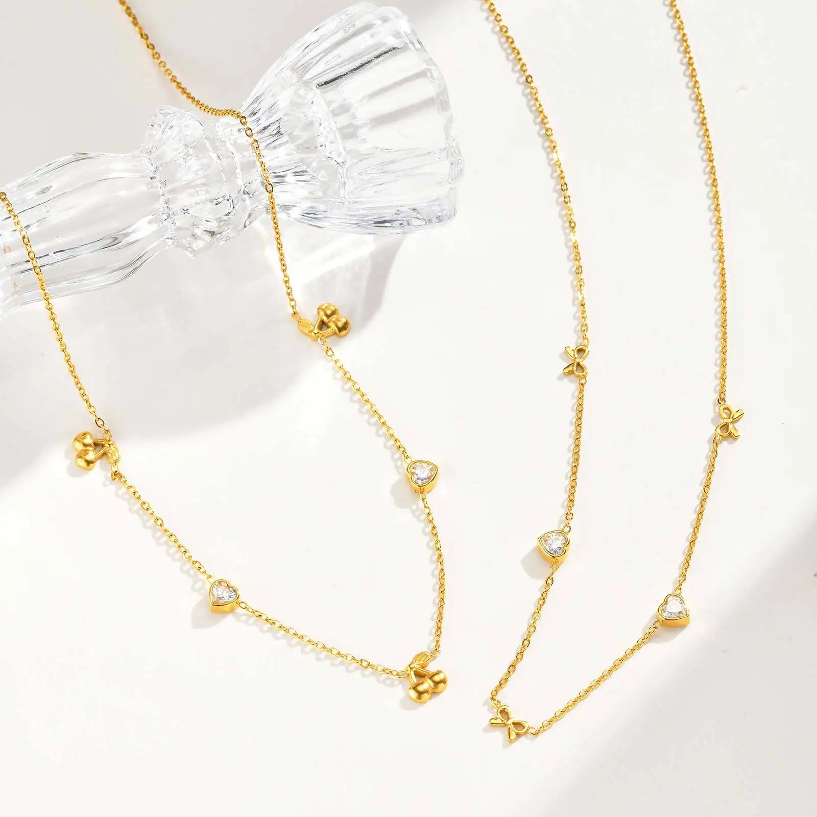 Stainless Steel Heart Cubic Zirconia Chain Necklace for Women, Bowknot Cherry Thin Link Chain Necklace Layered Jewelry