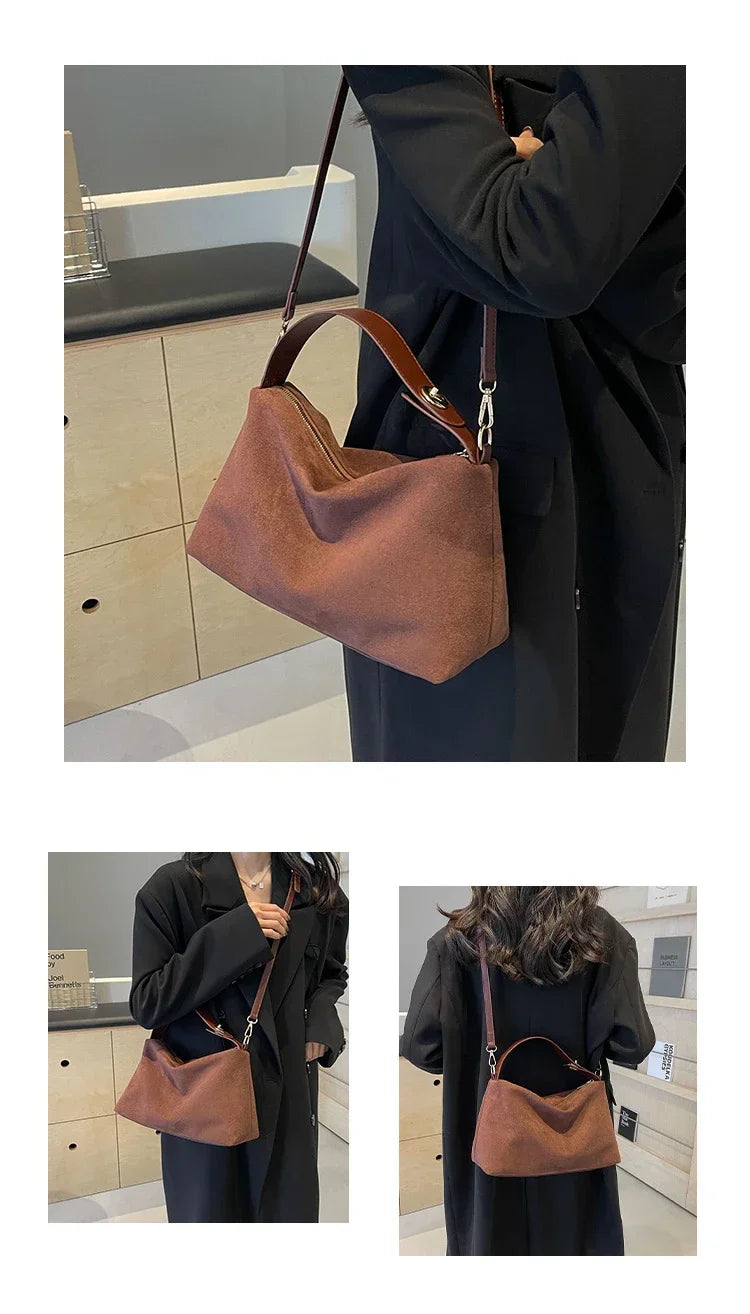 New Solid Color PU Zipper Women's Bag Suede Large Capacity Women's Shoulder Bag Fashion Versatile Casual Dual Purpose Handbag