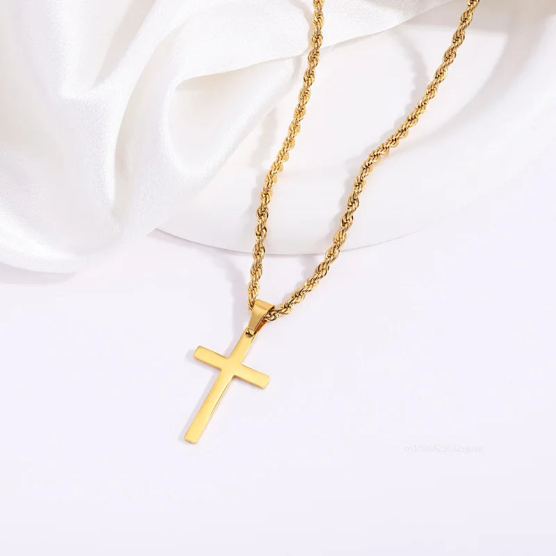 Fashion Cross Stainless Steel Necklace for Women Men Gold Color Pendant Stainless Steel Jewelry Collares Gifts Sweater Necklace
