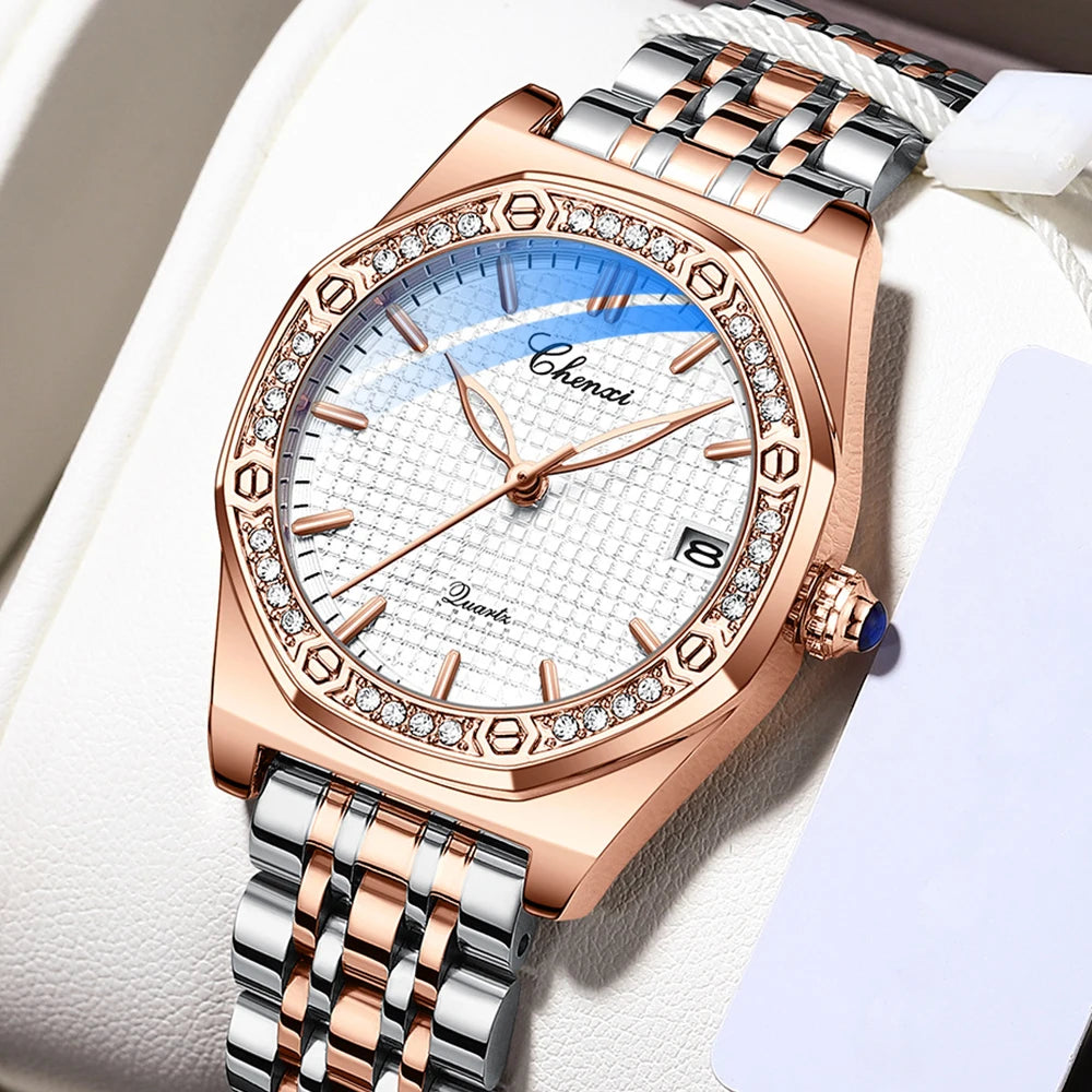 CHENXI Quartz Movement Woman Watch Simple Elegant Luxury Rose Gold Steel and Leather Strap Waterproof Ladies Dress Wristwatch
