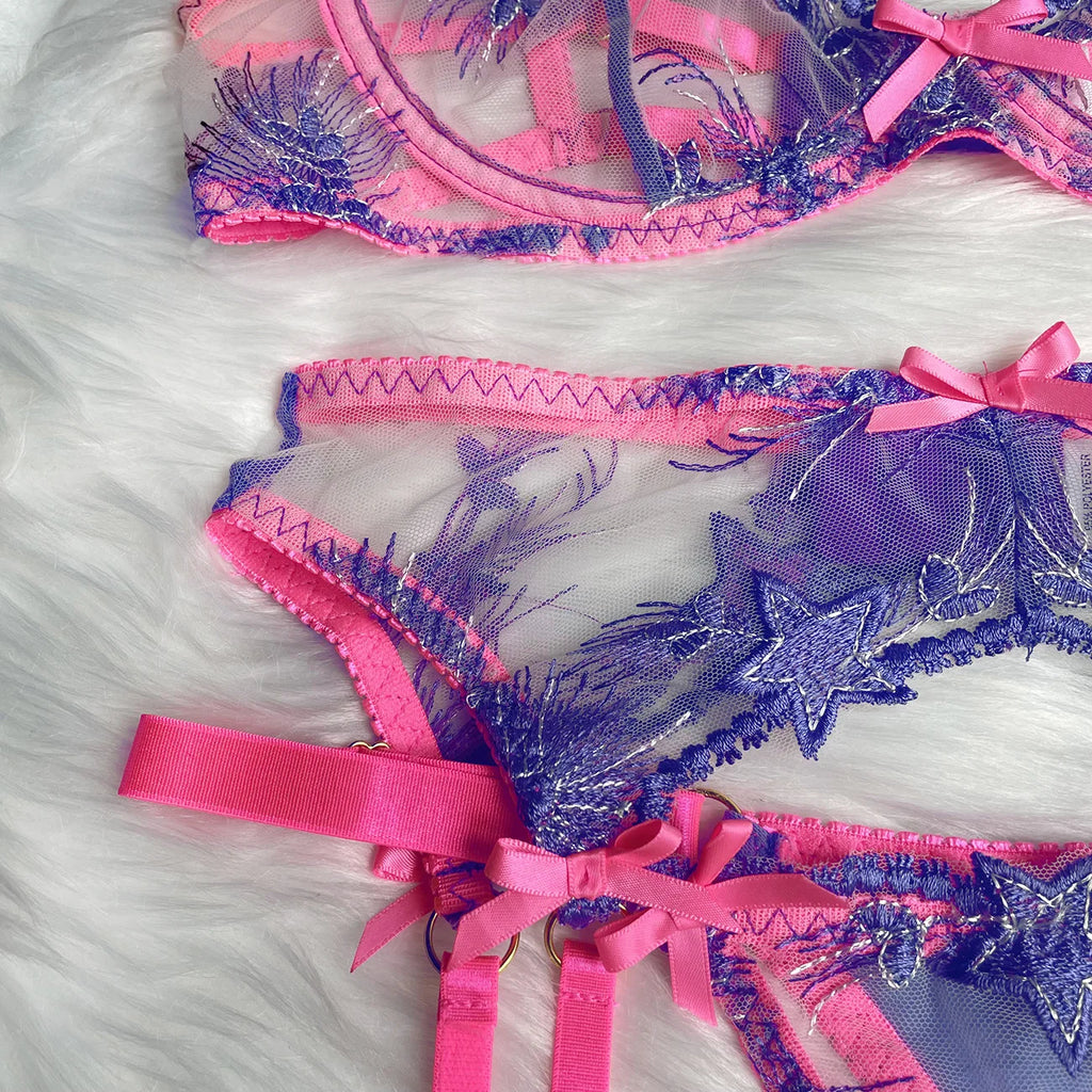 Ellolace Pink Fancy Lingerie Floral Luxury Lace See Through Underwear Sensual Garter Belt Set Contrast Color Fairy Outfit