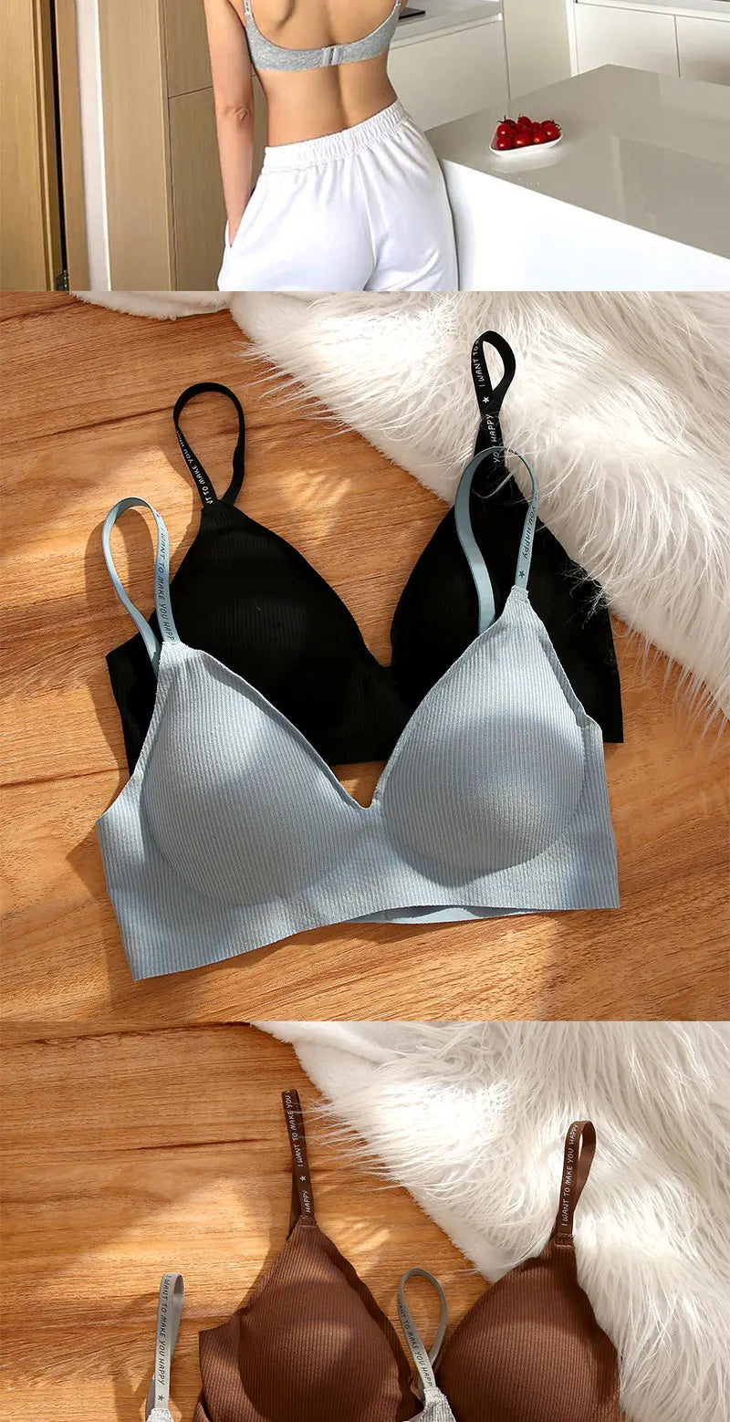 FINETOO 1PCS Women Sexy Seamless Bras Deep V Neck Bralette Sexy Lingerie Letter Strap Tops Push Up Underwear Wireless Brassiere