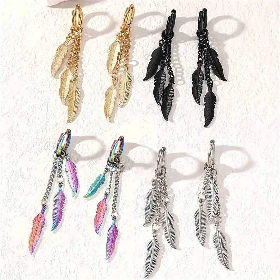 Fashionable and Creative Stainless Steel Colorful Feather Pendant Earrings Street Charm Cool Earrings for Men and Women