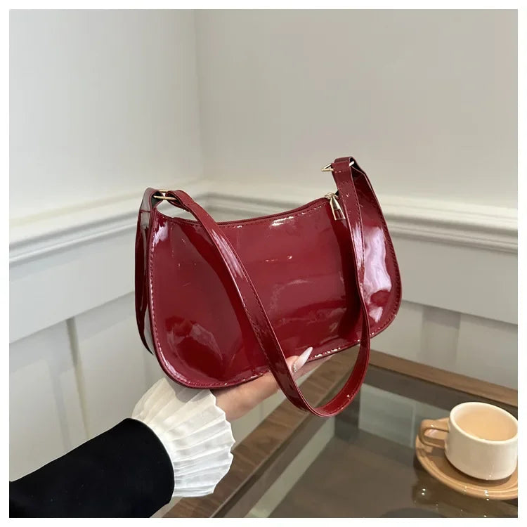 Vintage Wine Red Patent Leather Glossy Underarm Bag 2024 New Minimalist Lady Zipper Shoulder Bag Elegant Versatile Handbag Trend