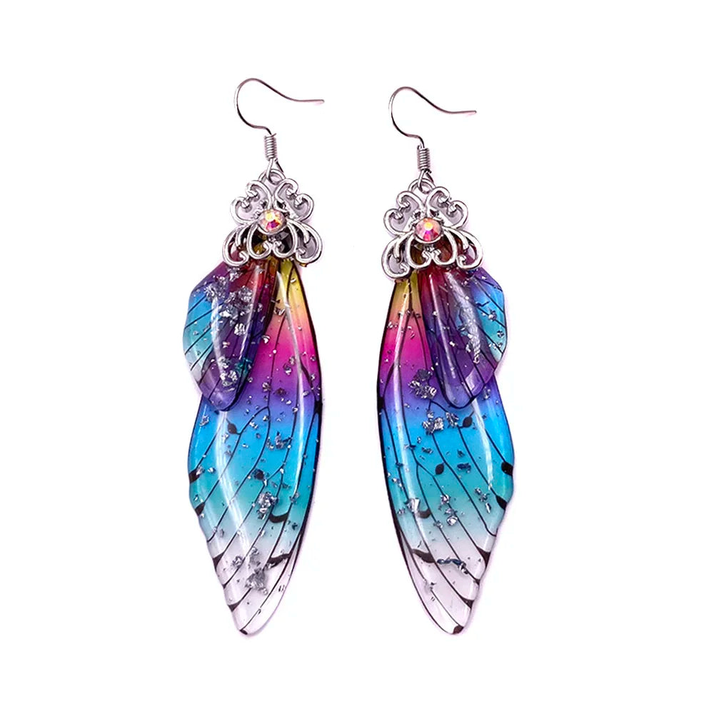 Handmade Fairy Simulation Wing Earrings Insect Butterfly Wing Drop Earrings Foil Rhinestone Earrings Romantic Bridal Jewelry
