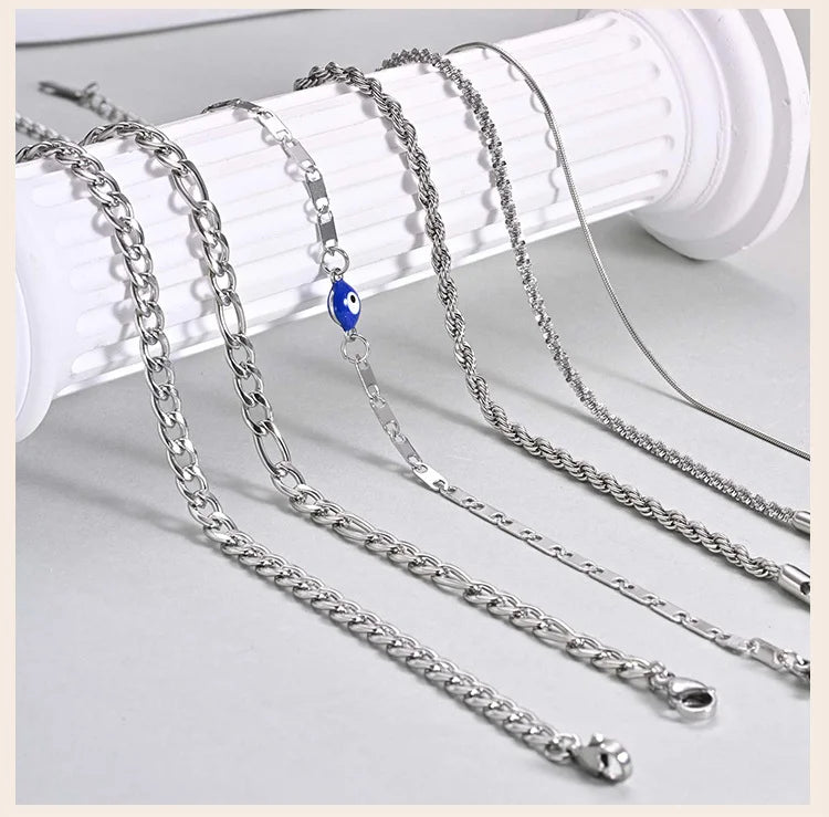 Silver Color Anklet Bracelets for Women Waterproof, Stainless Steel Layered Cuban Chain Herringbone Anklets Summer Beach Gift
