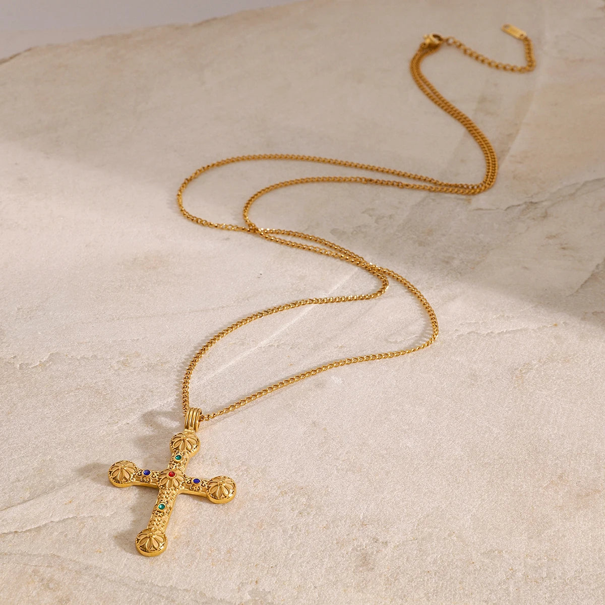 Youthway New Design Gold Plated Colorful Zircon Cross Pendant Necklace For Unisex Waterproof Stainless Steel Jewelry Accessory