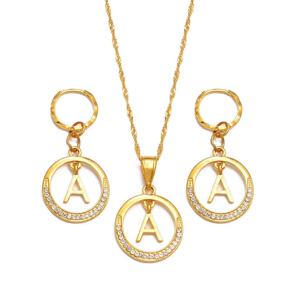 Anniyo A-Z Alphabet set Pendant Necklace and Earring set,Guam, Hawaii,African Initial Jewelry English Letters  #260306