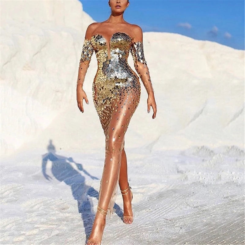 Long Sleeve Glitter Sequined Dress - Mesh Bodycon Evening Dress