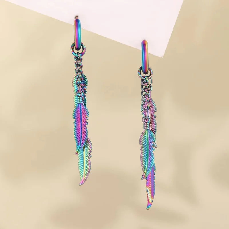 Fashionable and Creative Stainless Steel Colorful Feather Pendant Earrings Street Charm Cool Earrings for Men and Women