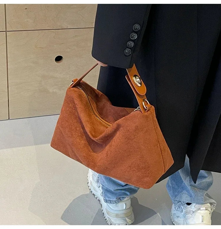 New Solid Color PU Zipper Women's Bag Suede Large Capacity Women's Shoulder Bag Fashion Versatile Casual Dual Purpose Handbag