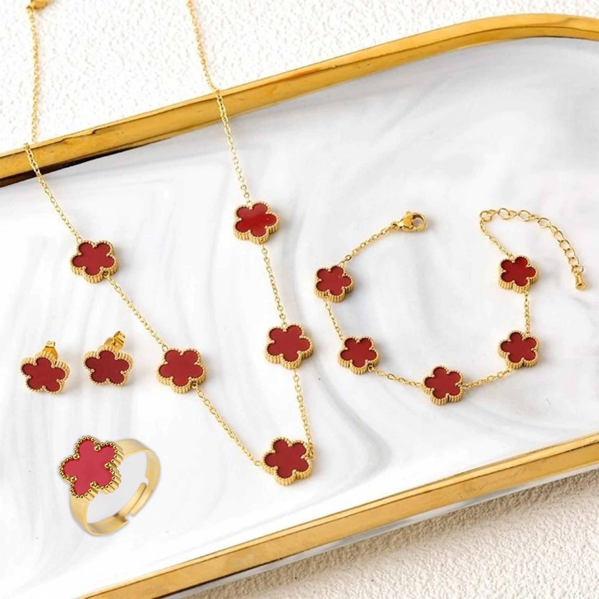 4pcs Bracelet Necklace Earrings Ring Stainless Steel Five Leaf Flower Jewelry Set Classic for Woman New Fashion Jewelry Clover
