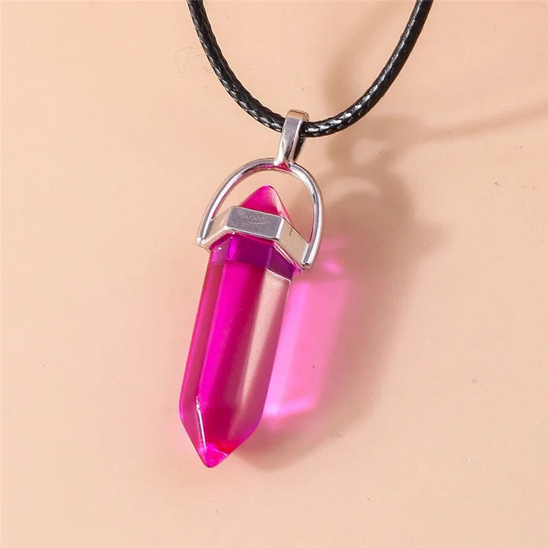 Natural Stone Quartz Lapis Opal Amethyst Pink Crystal Stone Hexagonal Column Pendant Necklaces Leather Chain Bullet Necklace