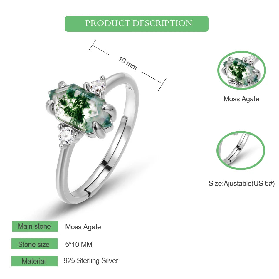 WES 925 Sterling Silver Open Ring for Woman Classic Unique Green Moss Agate Crystal Ring Engagement Gift Wholesale Oval Cut