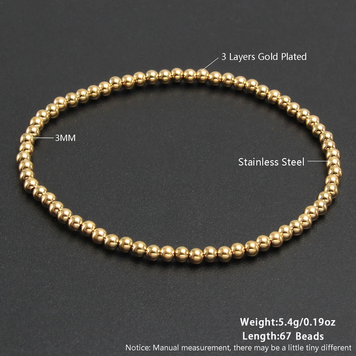 MHS.SUN Fashion Waterproof Smooth Stainless Steel Bracelets 2-10mm Elastic Beaded Gold Plated Stackable Bracelet Women Jewelry
